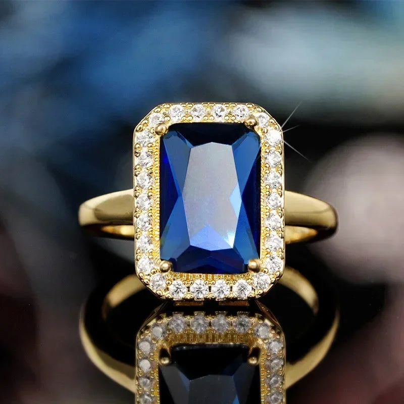 2025 New Blue Cube Zircon Attends Banquet Ring Fashionable, Elegant, High End Women's Bridal Luxury Inlaid Jewelry Accessories