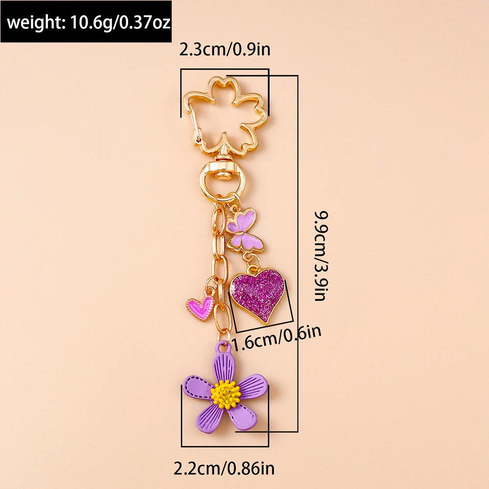 Cute Enamel Flower Butterfly Keychain Women Girls Love Heart Key Ring Pendants Handbag Decor DIY Handmade Jewelry Gifts