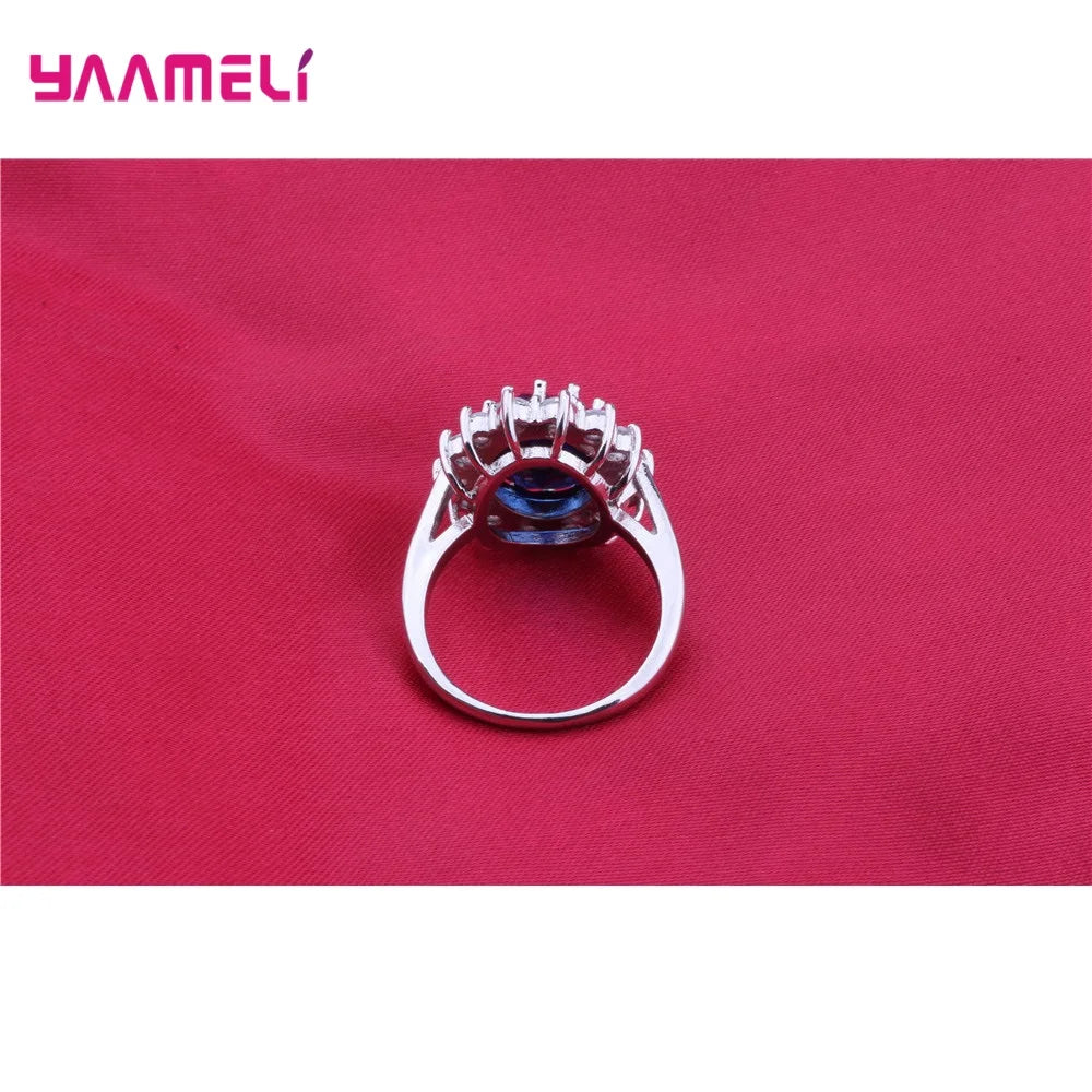 Authentic 925 Sterling Silver Plated Women Wedding Engagement Jewelry Sets Princess Oval Zircon Crystal Necklace Earrings Ring