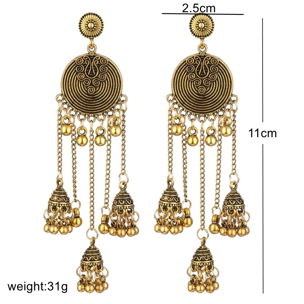 Ethnic Style Retro Geometric Round Bead Bells Tassel Long Dangling Earrings Women Indian Jhumka Jewelry