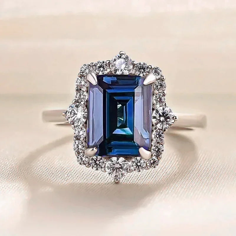 2025 New Blue Cube Zircon Attends Banquet Ring Fashionable, Elegant, High End Women's Bridal Luxury Inlaid Jewelry Accessories