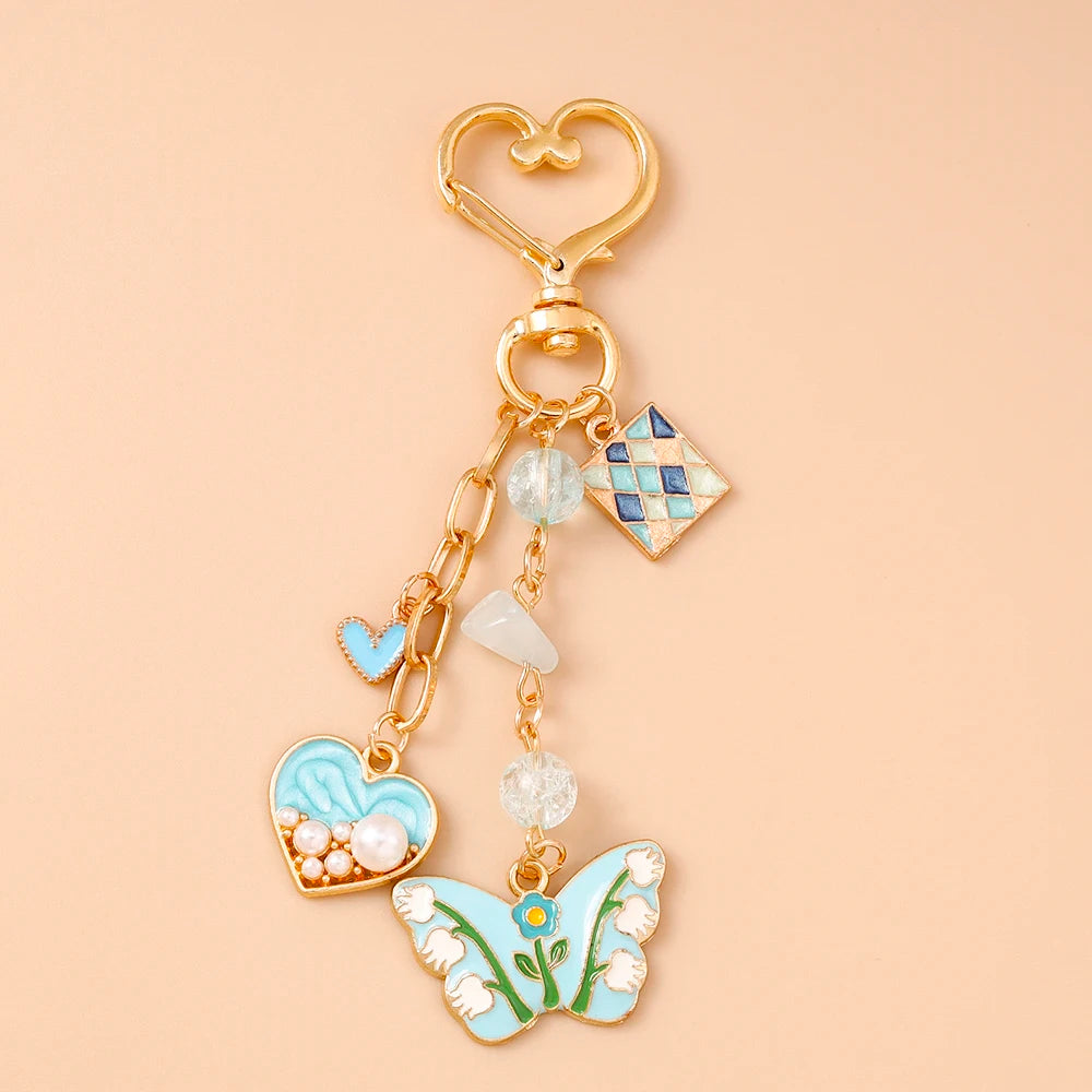 Cute Enamel Flower Butterfly Keychain Women Girls Love Heart Key Ring Pendants Handbag Decor DIY Handmade Jewelry Gifts