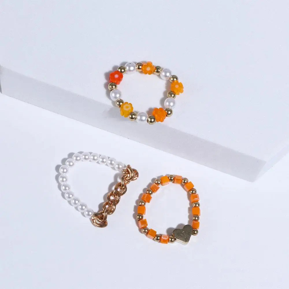 Trendy Cute Bohemia Pearl Flower Acrylic Beaded Rings Party Jewelry Finger Ring Set Women Ring