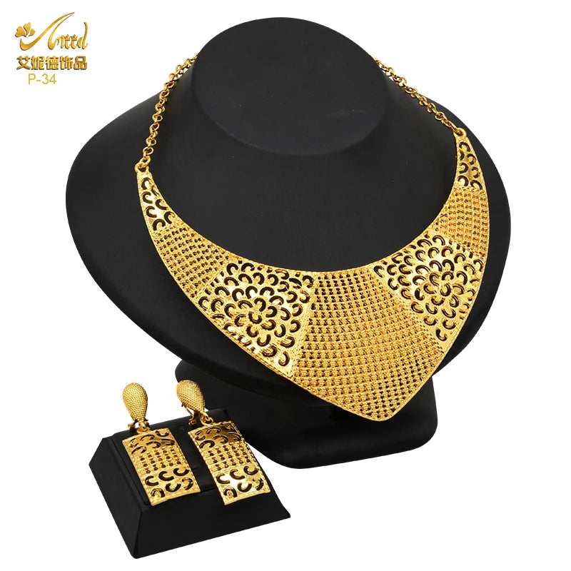 ANIID Luxury Indian Jewelry Sets for Women Party Dubai 24K Gold Color Necklace Set African Wedding Traditional Jewelry Gifts