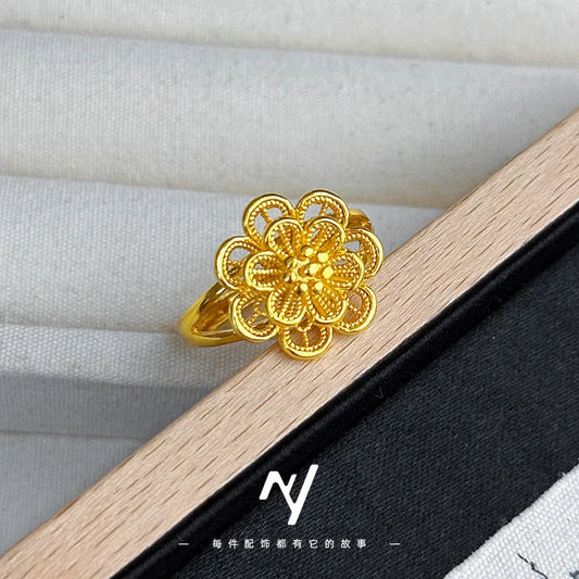 Luxury 24K 9999 Pure Gold real gold Open Multi-Layer Large Flower Ring Wedding Bridal Ring Adjustable