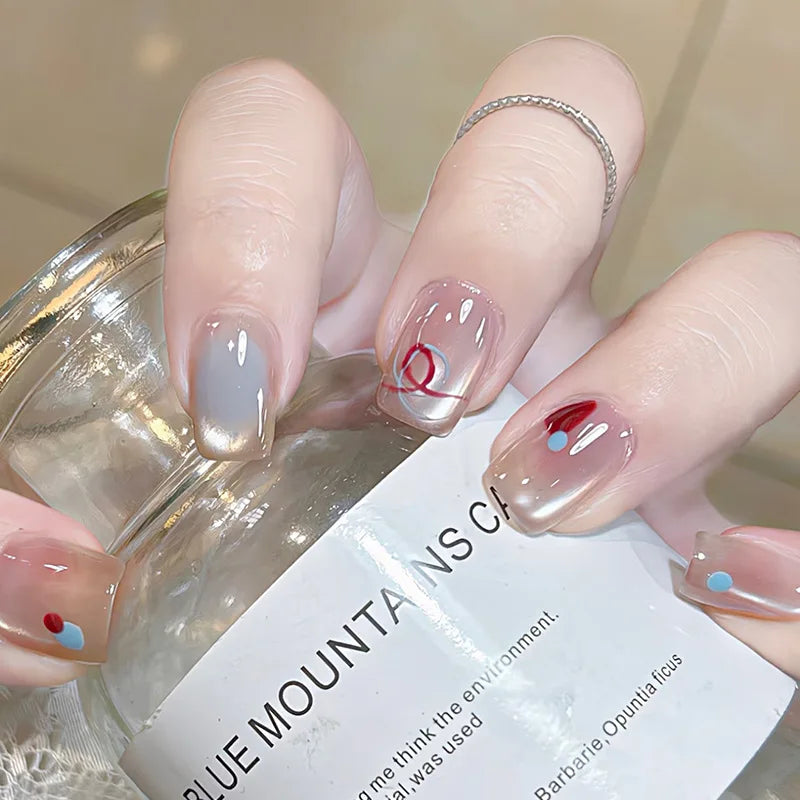 24Pcs Glitter Diamond Press On Nails Sweet Cute Girl Acrylic Nails Full Cover Short Square Fake Nails Wearable Manicure Nail Tip