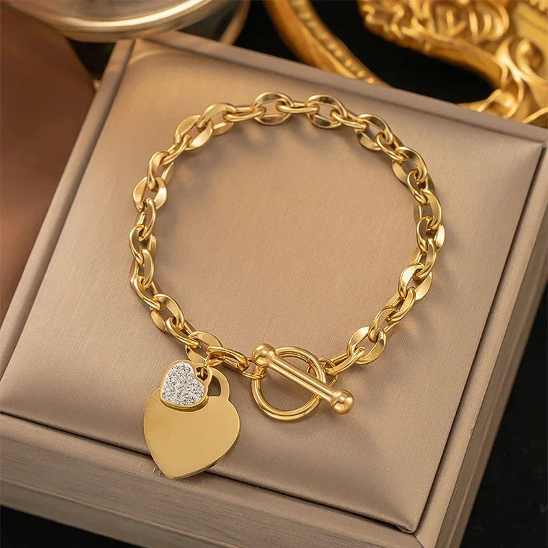 1 Pcs Bangle For Women Girl Not Fade Stainless Steel Gold Plated Waterproof Geometric Heart Pendant Bracelet Jewelry