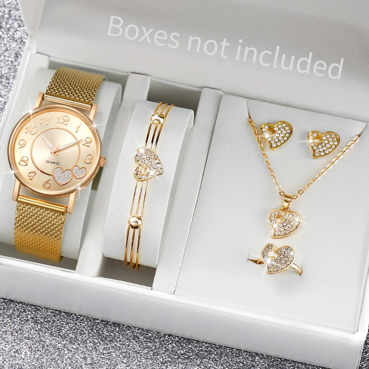 3/6PCS Fashion Heart Women's Watch Plastic Band Analog Golden Quartz Watches Butterfly Jewelry Set(Without Box)