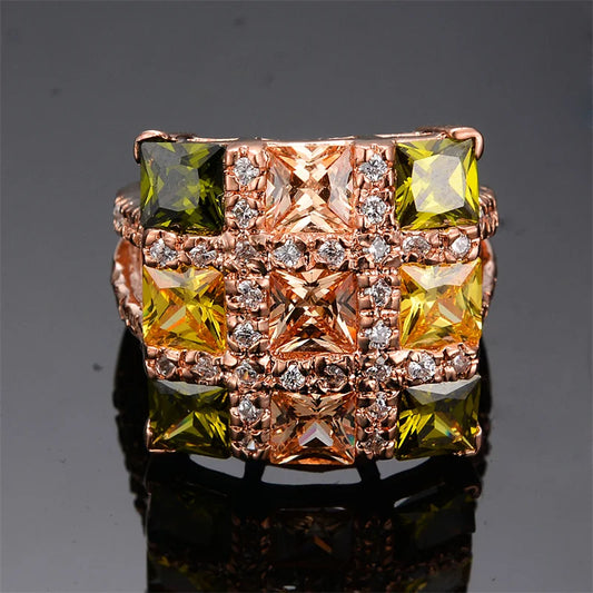 Luxury Female Multicolor Zircon Large Square Rings For Women Rose Gold Color Yellow Olive Green Stone Big Cocktail Ring Jewelry