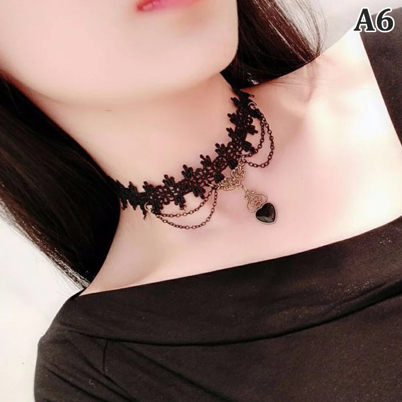 New Sexy Gothic Chokers Crystal Black Lace Neck Choker Necklace Vintage Victorian Women Chocker Steampunk Jewelry