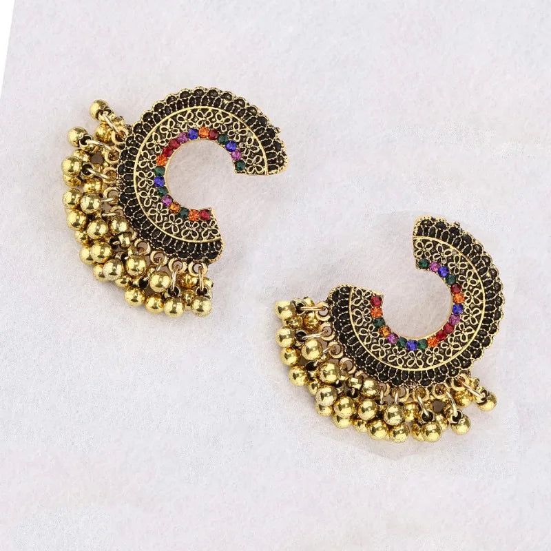 Ethnic Colorful Zircon Indian Jhumka Earrings For Women Pendientes Fashion Jewelry Retro Alloy Tassel Semicircle Ladies Earrings