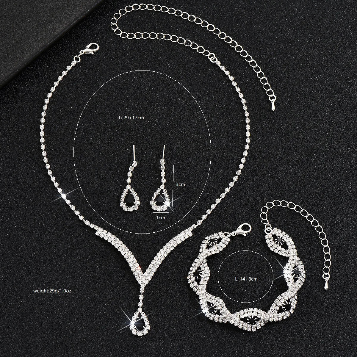 3 Pcs Luxury Rhinestone Bride Jewelry Set for Women Black Water Drop Crystal Earrings Wedding V Necklace Eye Bracelet Fashion-