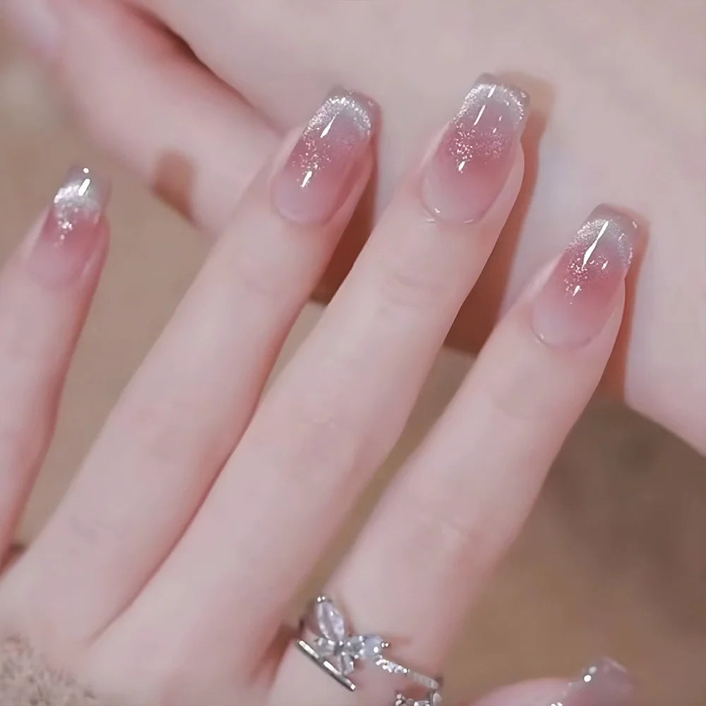 24Pcs Glitter Diamond Press On Nails Sweet Cute Girl Acrylic Nails Full Cover Short Square Fake Nails Wearable Manicure Nail Tip