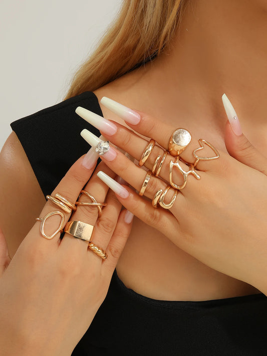 The 12-piece set of metallic-looking smooth rings is perfect for women to wear at daily parties.