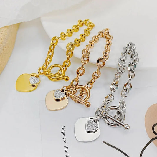 1 Pcs Bangle For Women Girl Not Fade Stainless Steel Gold Plated Waterproof Geometric Heart Pendant Bracelet Jewelry
