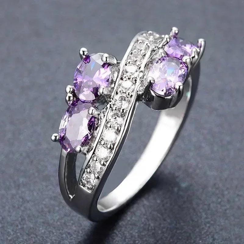 2025 New Purple Cubic Zirconia Ring with Sparkling Square Crystal, High End Women's Personalized Fashion Cocktail Party Jewelry