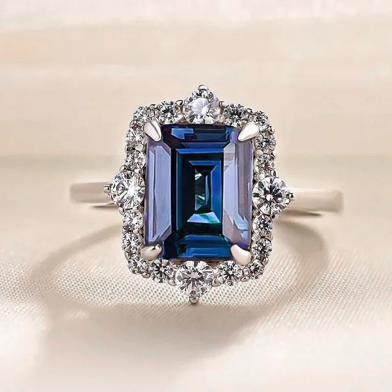2025 New Blue Cube Zircon Ring Fashionable and Elegant High End Women's Bridal Wedding Luxury Personalized Jewelry Accessories