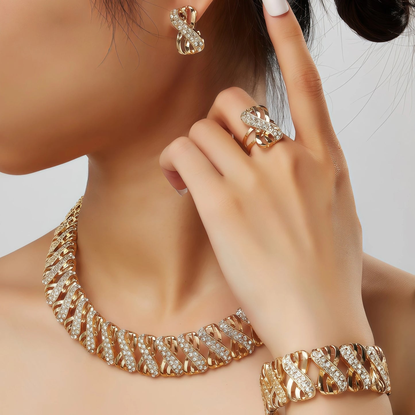 5 Piece Traditional Bridal Jewelry Set 18k Gold Plated Stylish Bow Infinity Design with Rhinestones to match your everyday outfi