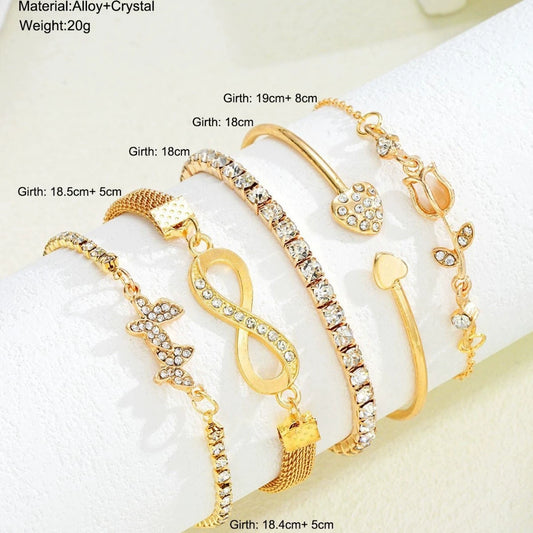 5Pcs Trendy Gold Color Bracelet Set For Women Tulip Butterfly Heart Infinity Charm Tennis Chain Bangle Female Party Jewelry