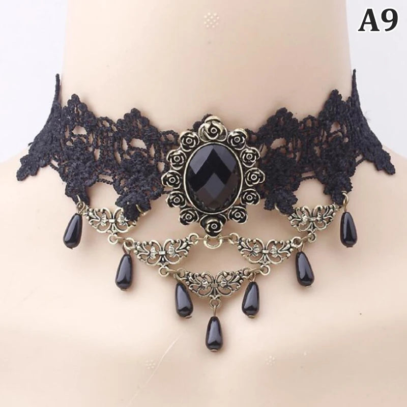 New Sexy Gothic Chokers Crystal Black Lace Neck Choker Necklace Vintage Victorian Women Chocker Steampunk Jewelry