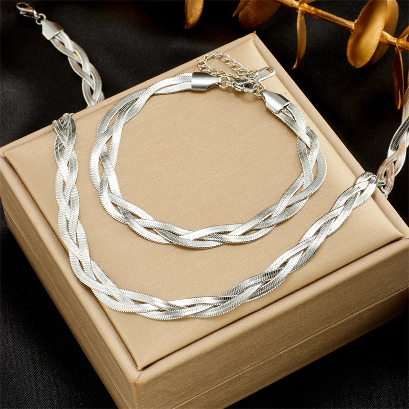 DIEYURO 316L Stainless Steel Golden 3in1 Crossover Snake Chain Necklace Bracelet For Womens New Fashion Waterproof Jewelry Set