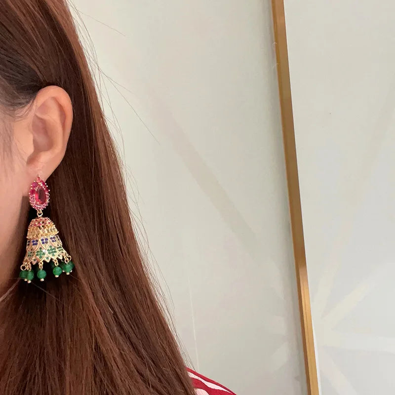 New Indian Jhumka Jhumki National Personality Style Bell Colorful Cubic Zirconia Tassel Earrings Women Jewelry Bohemian Earrings