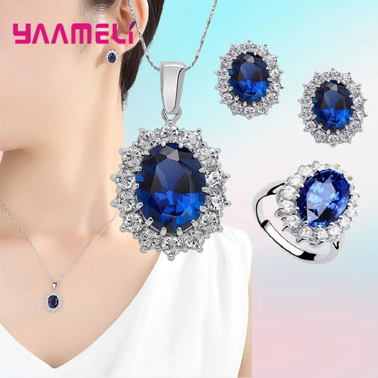 Authentic 925 Sterling Silver Plated Women Wedding Engagement Jewelry Sets Princess Oval Zircon Crystal Necklace Earrings Ring