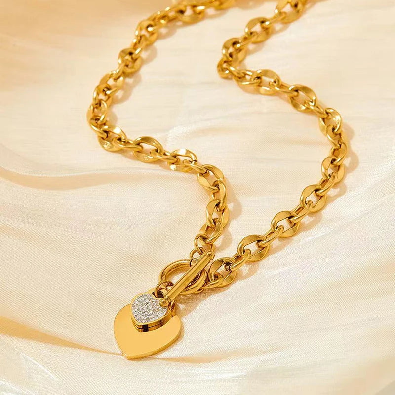 EILIECK New Fashion Stainless Steel Metal Double Heart Necklace Bracelet For Women Fashion Waterproof 3-Color Jewelry Set Gift