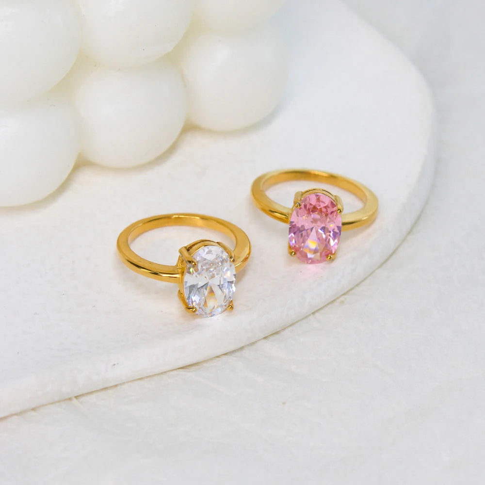 Exquisite Oval AAA Cubic Zirconia Inlaid Stainless Steel Ring Women's Transparent Gem Stone Index Finger Rust Proof Accessories