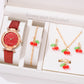 6PCS/Set Red Women's Watch With Minimalist Elements Dial Quartz Watch Latex Strap Cherry Elements Jewelry Set Girl's Gift