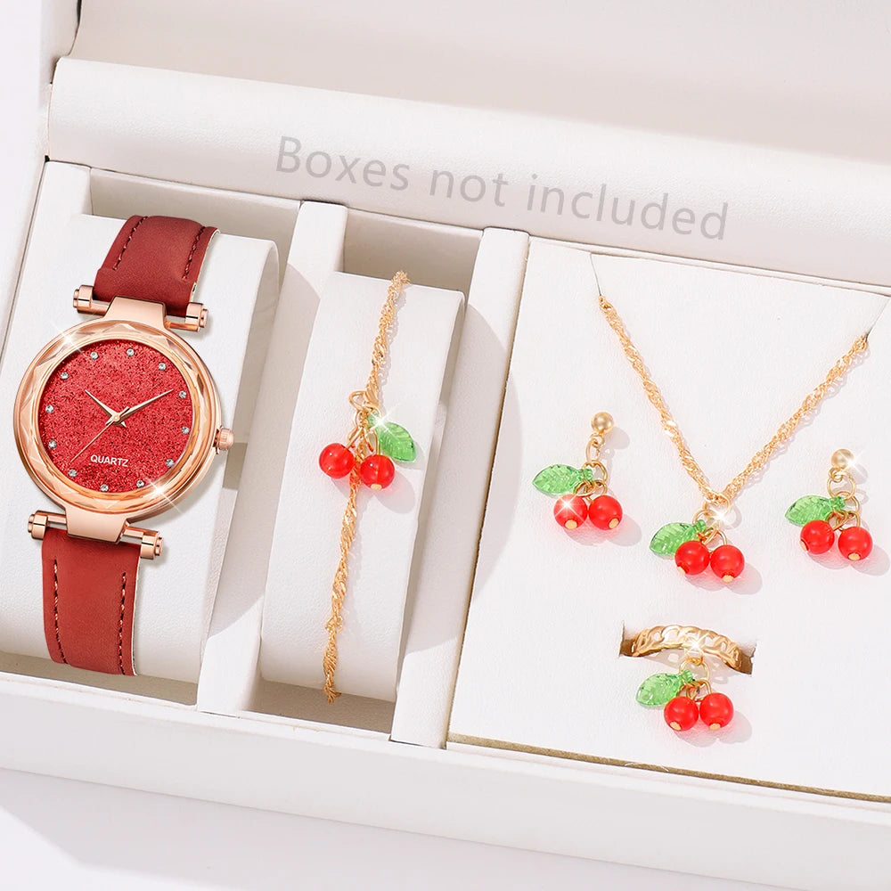 6PCS/Set Red Women's Watch With Minimalist Elements Dial Quartz Watch Latex Strap Cherry Elements Jewelry Set Girl's Gift