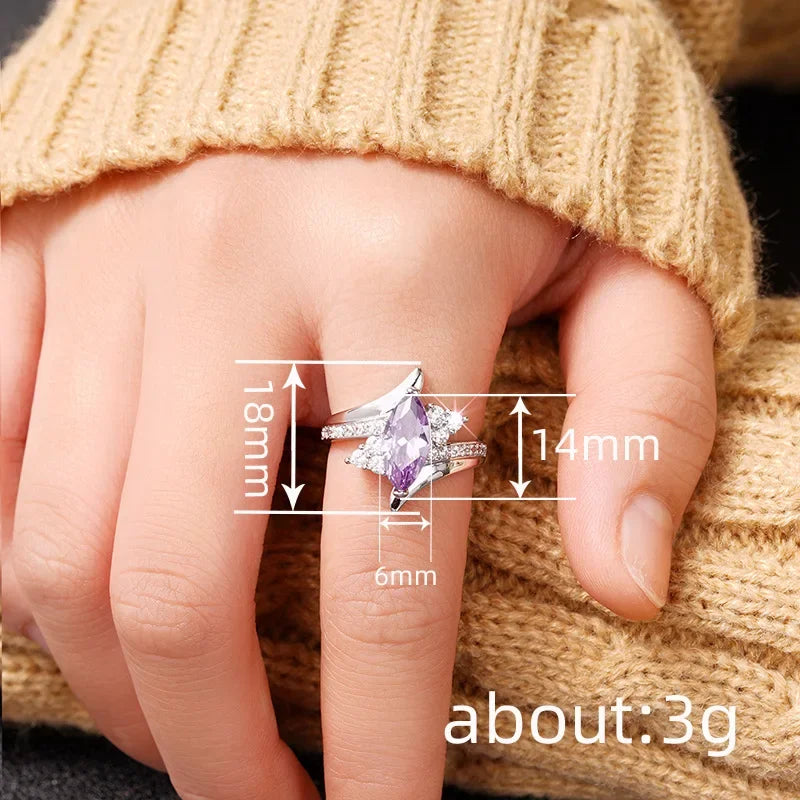 2025 New Purple Cubic Zirconia Ring with Sparkling Square Crystal, High End Women's Personalized Fashion Cocktail Party Jewelry