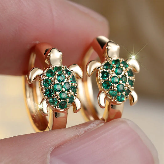 Green Zircon Stone Cute Sea Turtle Hoop Earrings For Women Vintage Gold Color Small Ear Buckle Wedding Jewelry Mother's Day Gift