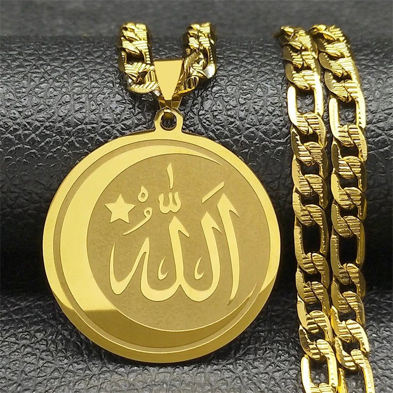 Muslim Islamic Quran Allah Crescent Moon Star Pendant Necklaces Stainless Steel Religious Amulet Ramadan Festival Jewelry