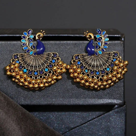 Ethnic Vintage Women's Blue Peacock Earrings Alloy Bollywood Oxidized Gold Color Beads Tassel Jhumka Dangle Earrings