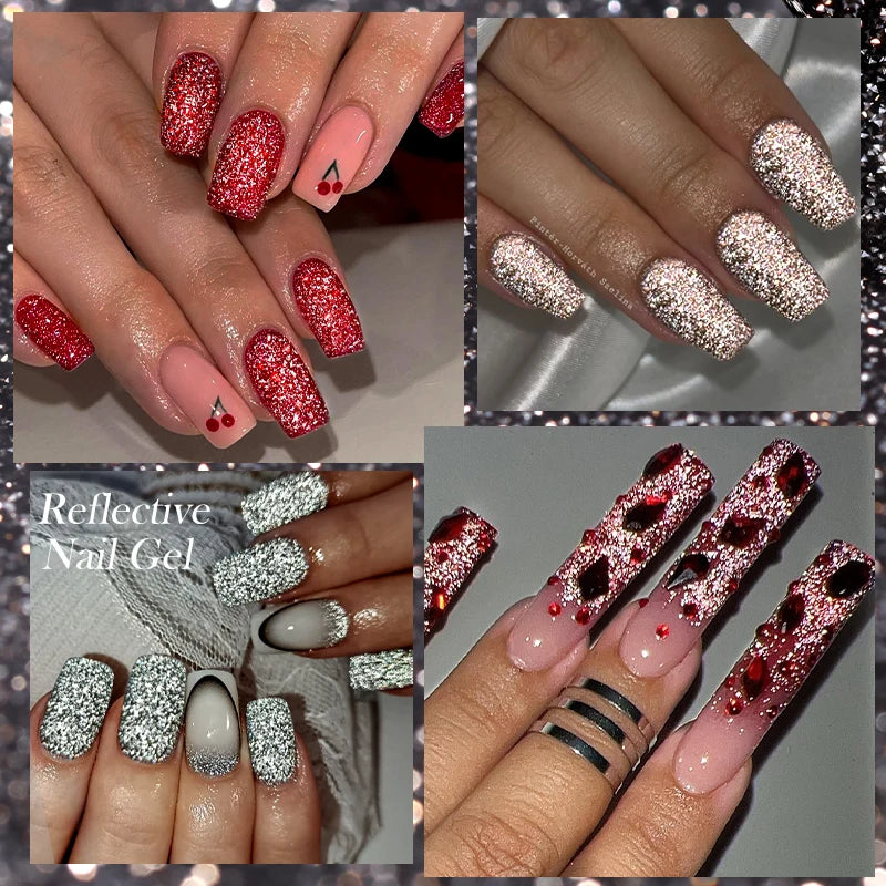 LILYCUTE 7ML Bright Red Sparkling Gel Nail Polish Silver Reflective Gel Colorful Shinning Glitter Manicure Nail Art Gel Varnish