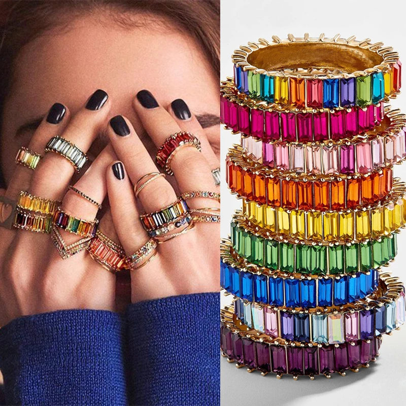 Fashion Luxury Multicolor Charm Zircon Wedding Rings for Women Round Square Stone Party Ring Jewelry