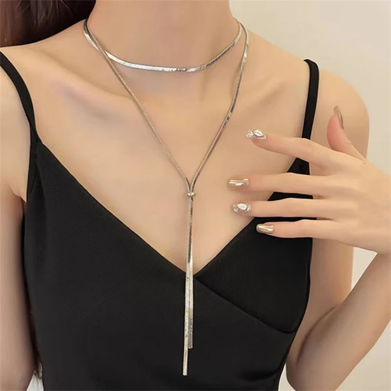 316L Stainless Steel New Fashion Fine Jewelry 134cm Pull Adjusting Charm Flat Snake Chain Choker Necklaces Pendants For Women