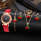 6PCS/Set Red Women's Watch With Minimalist Elements Dial Quartz Watch Latex Strap Cherry Elements Jewelry Set Girl's Gift