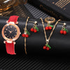 6PCS/Set Red Women's Watch With Minimalist Elements Dial Quartz Watch Latex Strap Cherry Elements Jewelry Set Girl's Gift