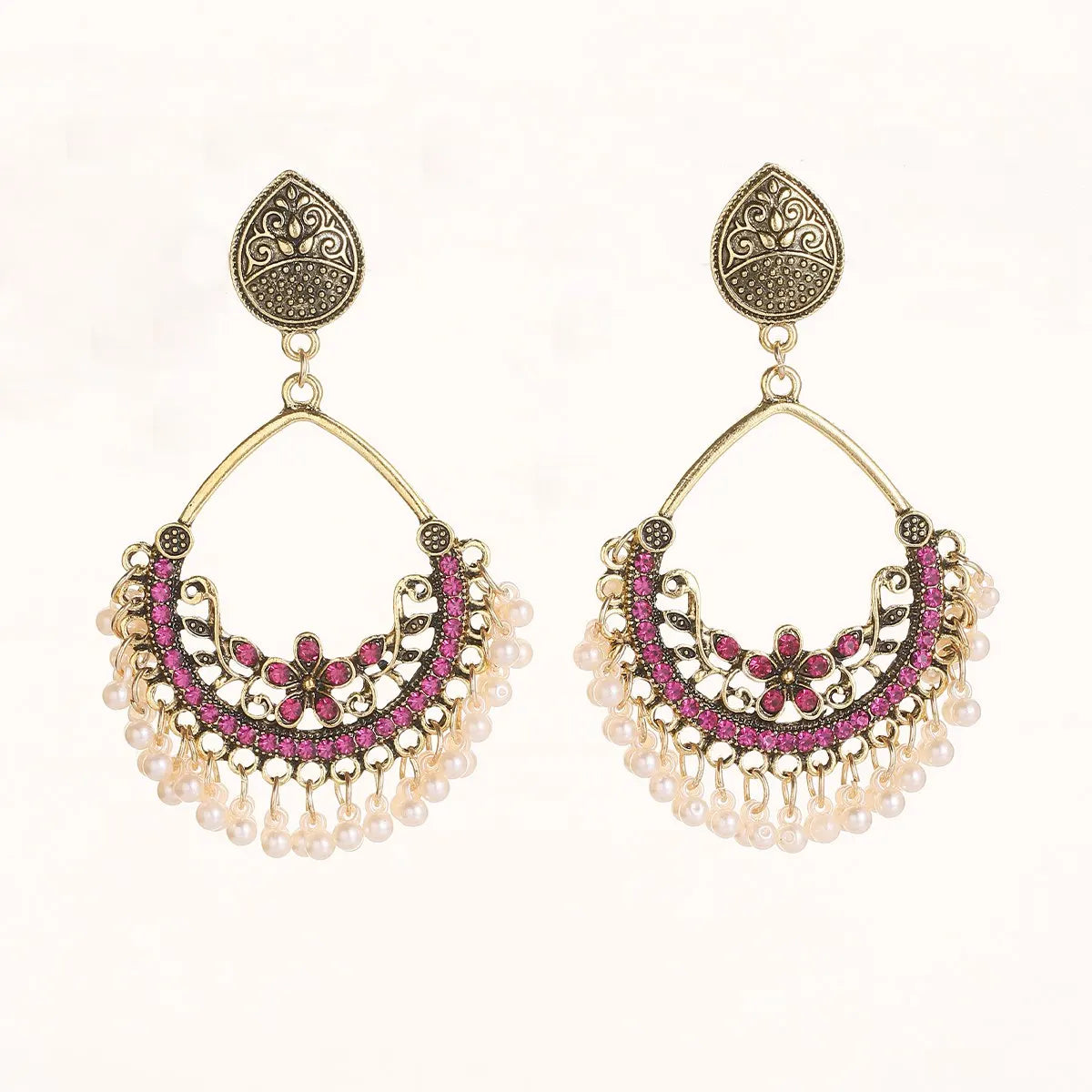 Ethnic Retro Green Sector Carved Turkish Jhumka Earrings For Women Indian Jewelry Pearl Tassel Earrings