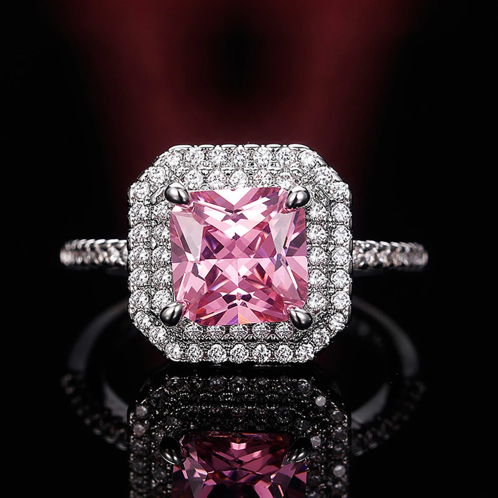 Style Pink Sparkling Zircon Princess Square Engagement Ring for Ladies and Girlfriends Luxury Proposal  Gift Fashion Jewelry