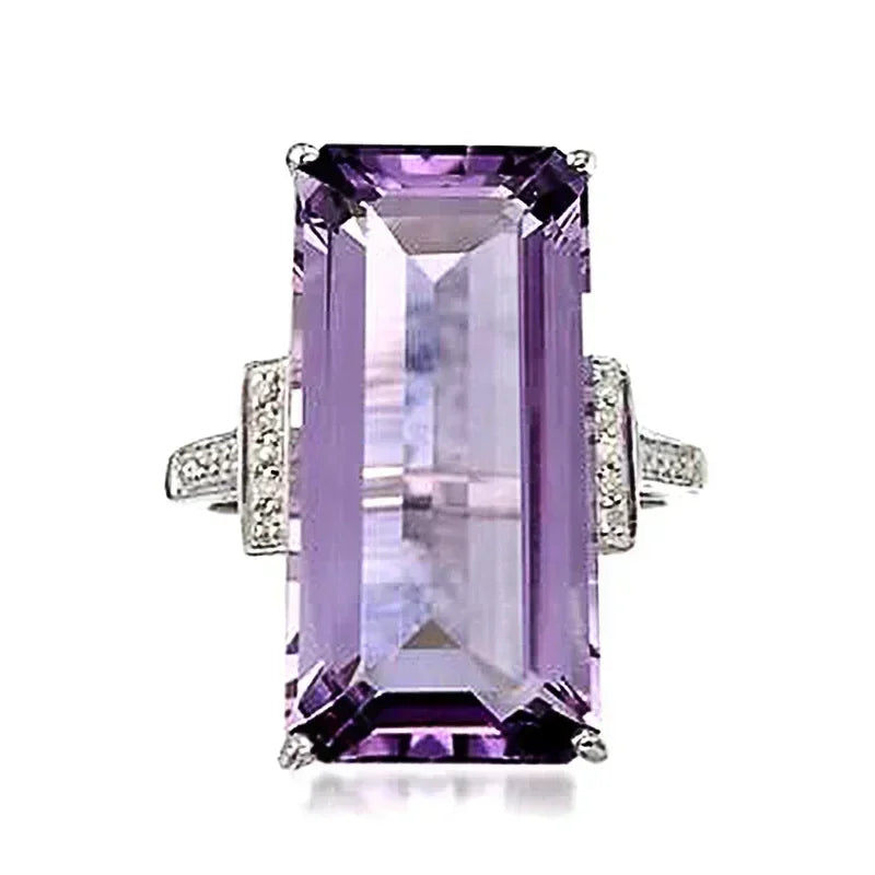 2025 New Purple Cubic Zirconia Ring with Sparkling Square Crystal, High End Women's Personalized Fashion Cocktail Party Jewelry