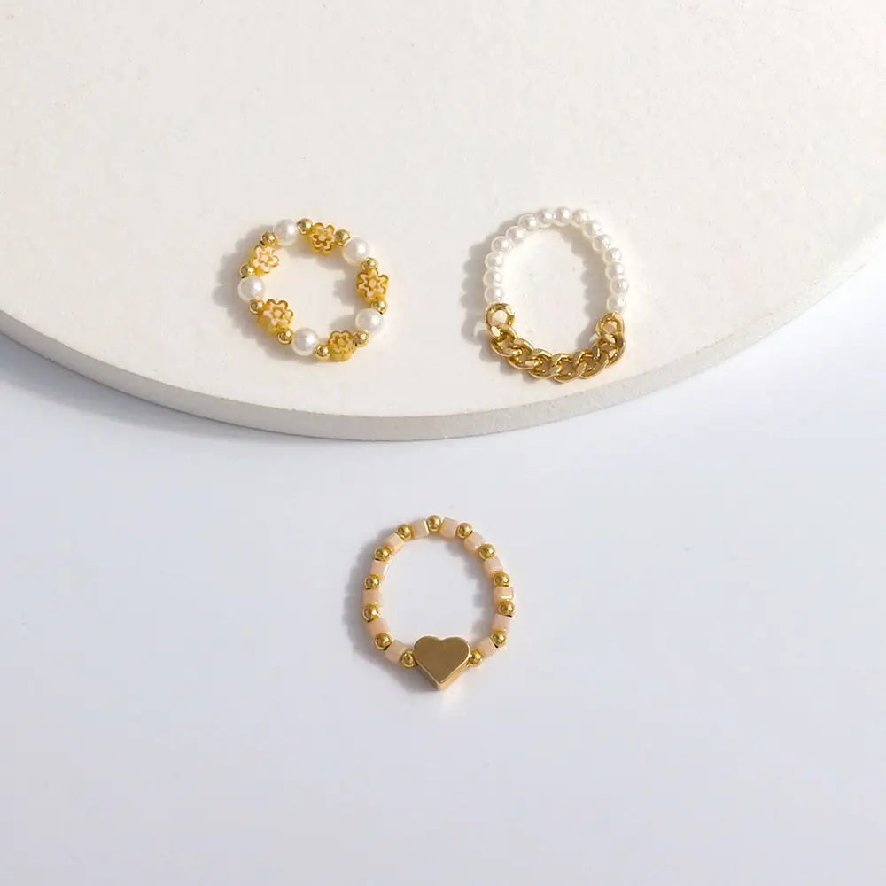 Trendy Cute Bohemia Pearl Flower Acrylic Beaded Rings Party Jewelry Finger Ring Set Women Ring