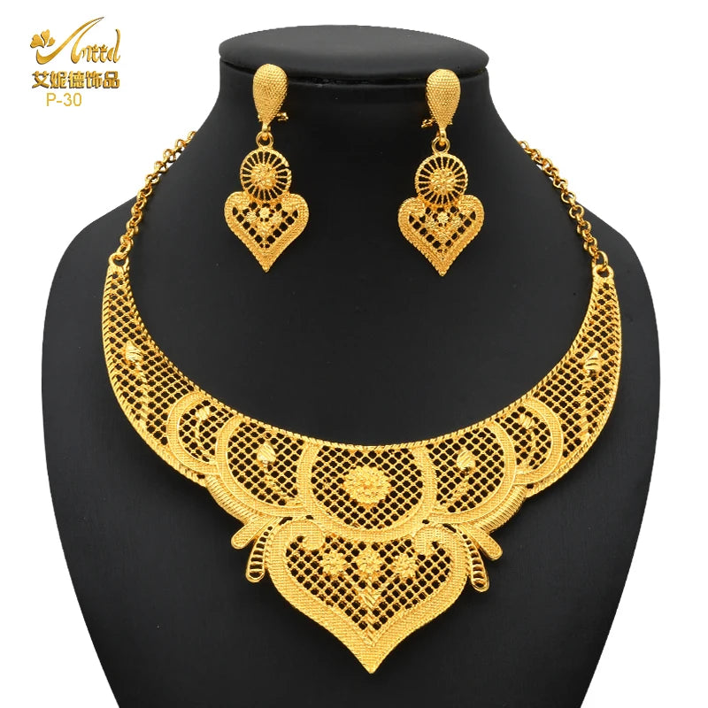 ANIID Luxury Indian Jewelry Sets for Women Party Dubai 24K Gold Color Necklace Set African Wedding Traditional Jewelry Gifts