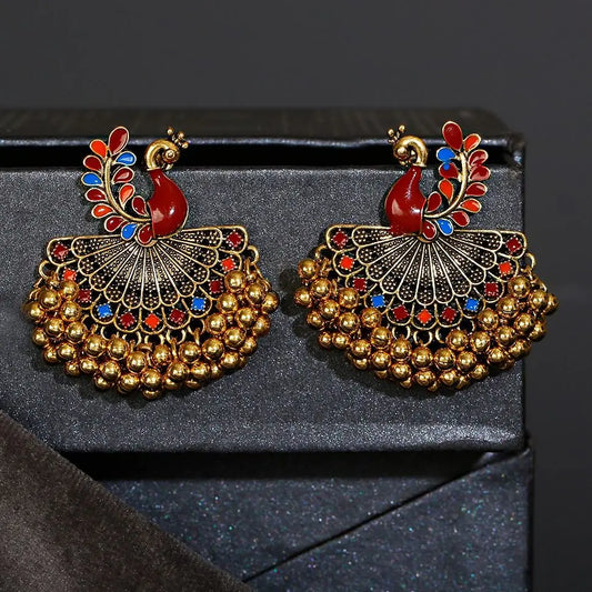 Ethnic Vintage Women's Blue Peacock Earrings Alloy Bollywood Oxidized Gold Color Beads Tassel Jhumka Dangle Earrings