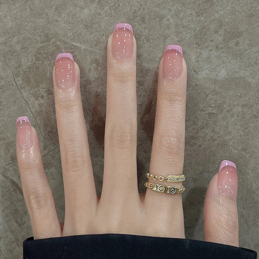 24Pcs Glitter Diamond Press On Nails Sweet Cute Girl Acrylic Nails Full Cover Short Square Fake Nails Wearable Manicure Nail Tip