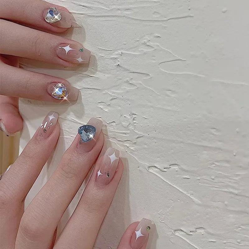 24Pcs Glitter Diamond Press On Nails Sweet Cute Girl Acrylic Nails Full Cover Short Square Fake Nails Wearable Manicure Nail Tip