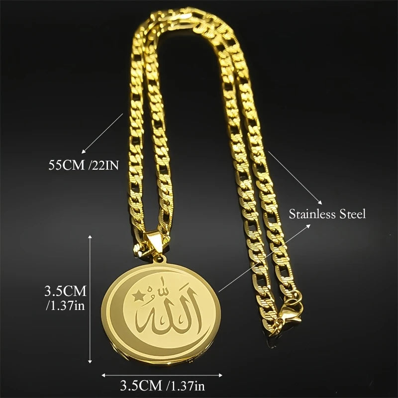 Muslim Islamic Quran Allah Crescent Moon Star Pendant Necklaces Stainless Steel Religious Amulet Ramadan Festival Jewelry