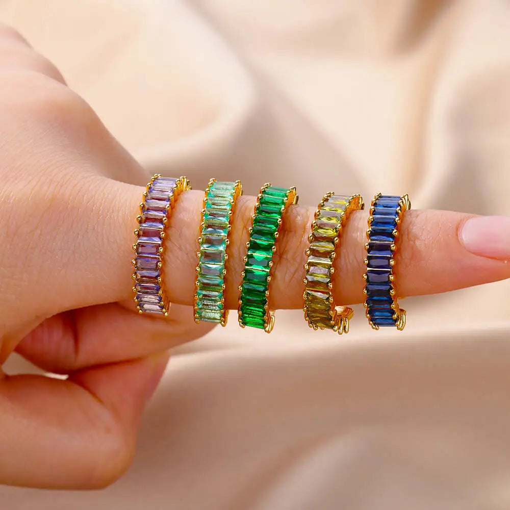 Colored Cubic Zircon Square Rings For Women Men Stainless Steel Gold Color Crystal Wedding Ring Luxury Jewelry Gift bague femme